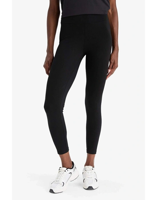 Siyah DeFactoFit Yüksek Bel Beli Saran Pamuklu Basic Düz Sporcu Tayt