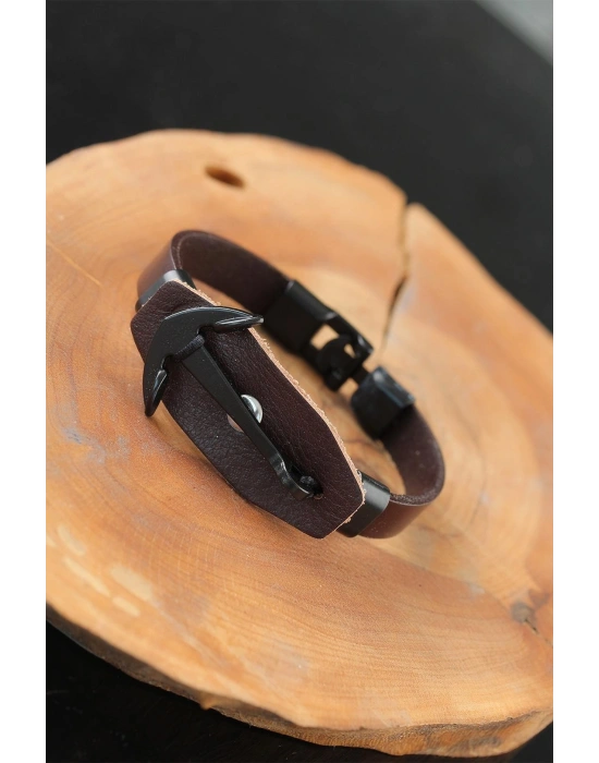 Siyah Deniz Çapalı Çelik Aksesuarlı Kahverengi Deri Erkek Bileklik