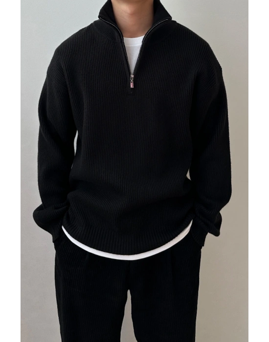 Siyah Erkek Oversize Fermuarlı Balıkçı Triko Kazak Siyah