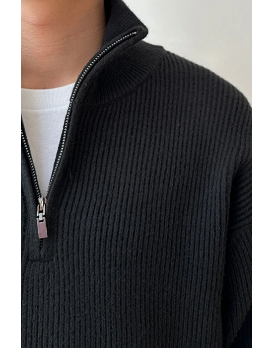 Siyah Erkek Oversize Fermuarlı Balıkçı Triko Kazak