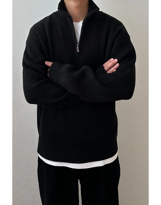 Siyah Erkek Oversize Fermuarlı Balıkçı Triko Kazak