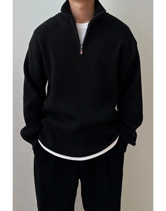 Siyah Erkek Oversize Fermuarlı Balıkçı Triko Kazak