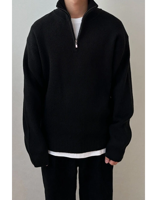 Siyah Erkek Oversize Fermuarlı Balıkçı Triko Kazak