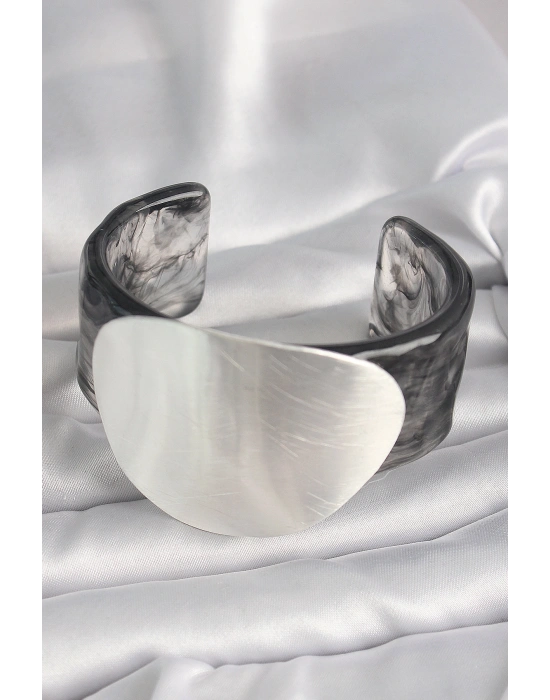 Siyah Mermer Desen Akrilik Pilastik Gümüş Plaka Model Vintage Kadın Bilezik