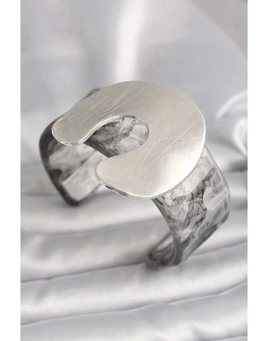 Siyah Mermer Desen Akrilik Plaka Vintage Kadın Bilezik