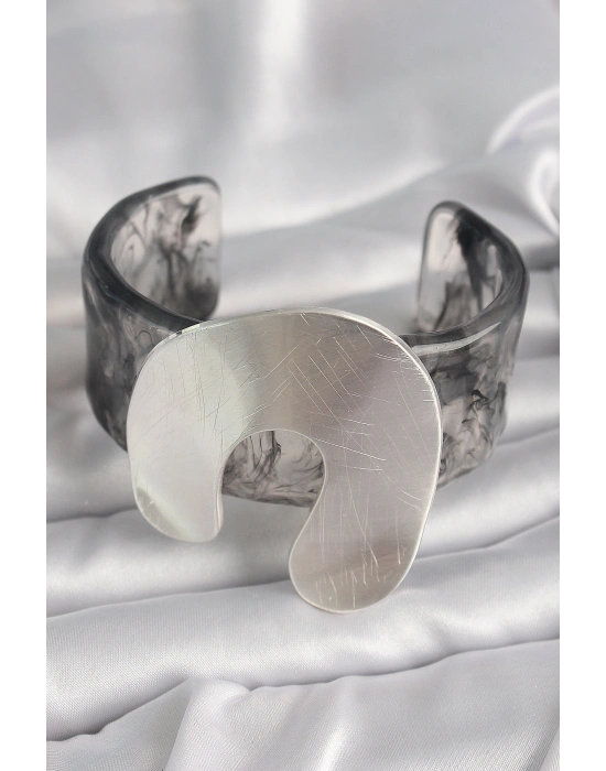 Siyah Mermer Desen Akrilik Plaka Vintage Kadın Bilezik