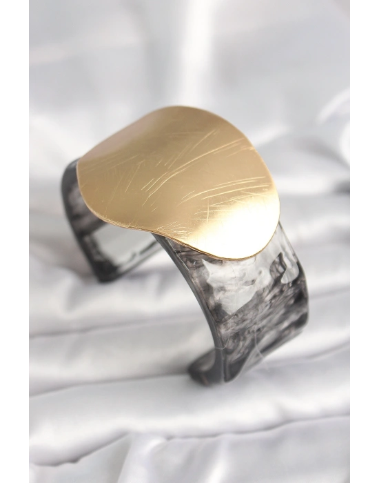 Siyah Mermer Desen Akrilik Plastik Gold Daire Plaka Model Vintage Kadın Bilezik