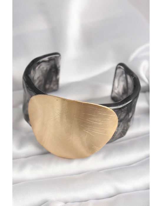 Siyah Mermer Desen Akrilik Plastik Gold Daire Plaka Model Vintage Kadın Bilezik