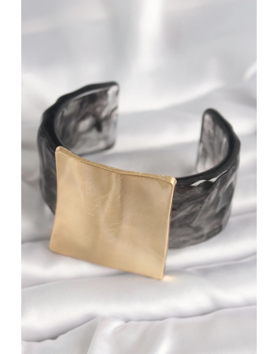 Siyah Mermer Desen Akrilik Plastik Gold Kare Plaka Model Vintage Kadın Bilezik