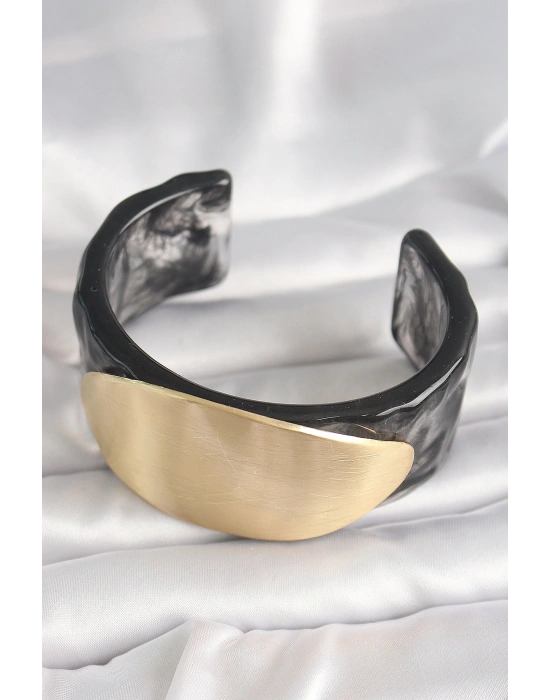 Siyah Mermer Desen Akrilik Plastik Gold Oval Plaka Model Vintage Kadın Bilezik