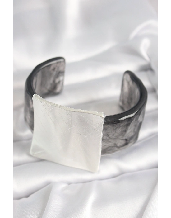 Siyah Mermer Desen Akrilik Plastik Gümüş Kare Plaka Model Vintage Kadın Bilezik