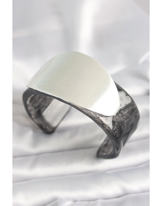 Siyah Mermer Desen Akrilik Plastik Gümüş Oval Plaka Model Vintage Kadın Bilezik