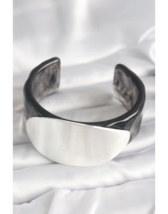 Siyah Mermer Desen Akrilik Plastik Gümüş Oval Plaka Model Vintage Kadın Bilezik