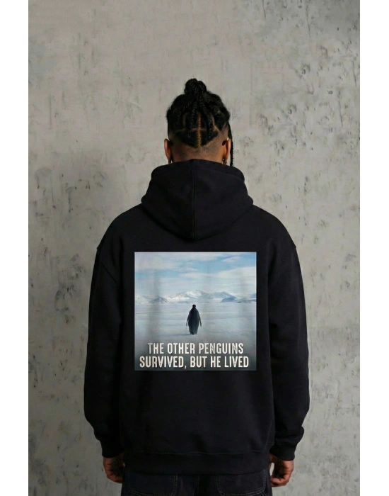 Siyah Oversize Hoodie - Sırt Baskılı Survivor Penguin Temalı, Felsefi Yazılı Kapüşonlu Sweatshirt - Siyah