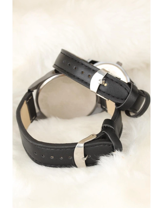 Siyah Renk Deri Kordonlu İstanbul Tasarımlı Sevgili Saatleri