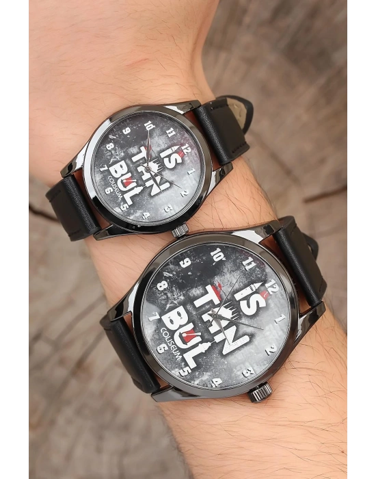 Siyah Renk Deri Kordonlu İstanbul Tasarımlı Sevgili Saatleri