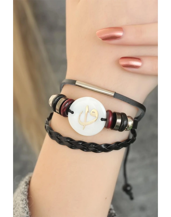 Siyah Renk Elif Vav Tasarım Çoklu Deri Bayan Bileklik