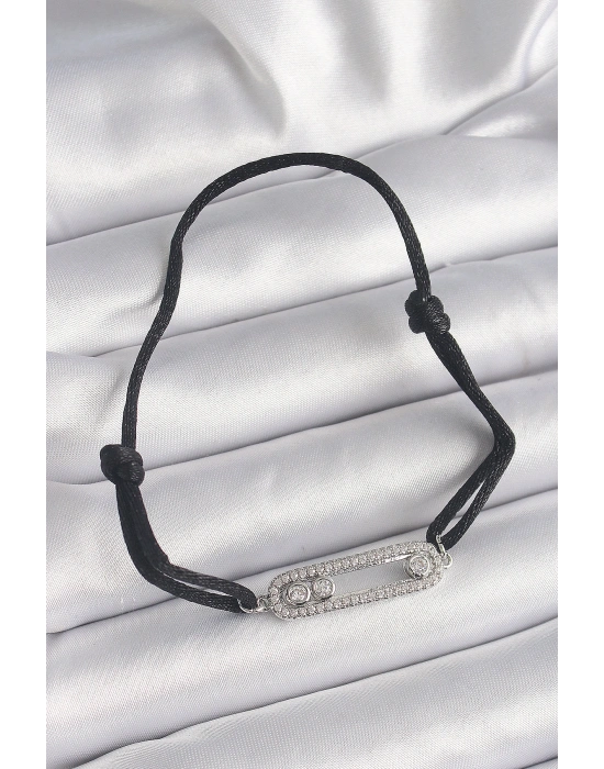 Siyah Renk İpli Asansör Zirkon Taşlı Gümüş Messika Model Kadın Bileklik
