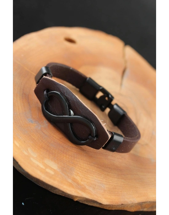 Siyah Sonsuzluklu Metal Aksesuarlı Kahverengi Deri Erkek Bileklik