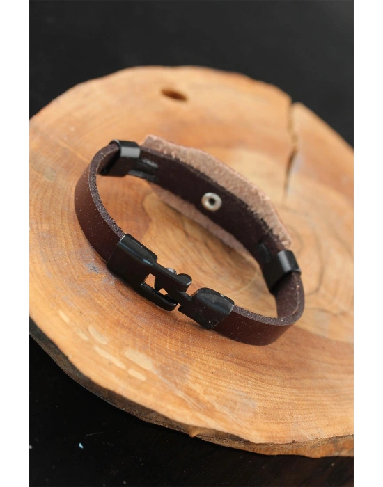 Siyah Sonsuzluklu Metal Aksesuarlı Kahverengi Deri Erkek Bileklik