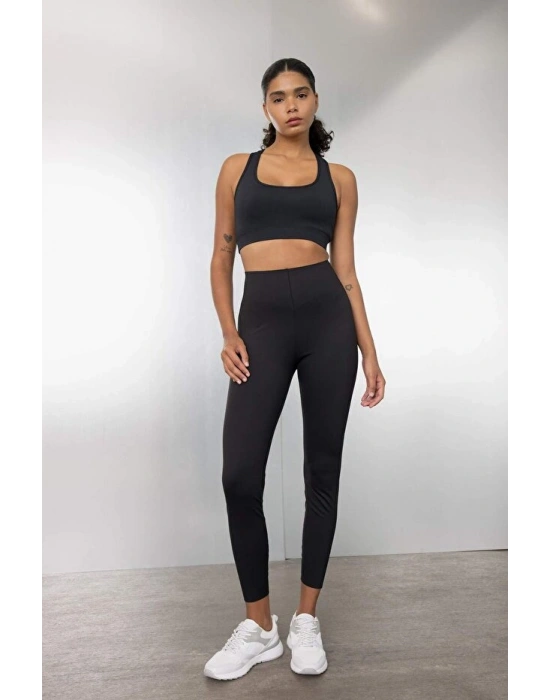 Siyah Yüksek Bel Beli Saran Toparlayıcı Esnek Premium Sporcu Tayt