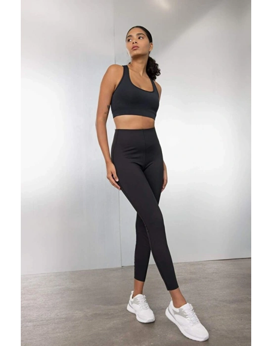 Siyah Yüksek Bel Beli Saran Toparlayıcı Esnek Premium Sporcu Tayt