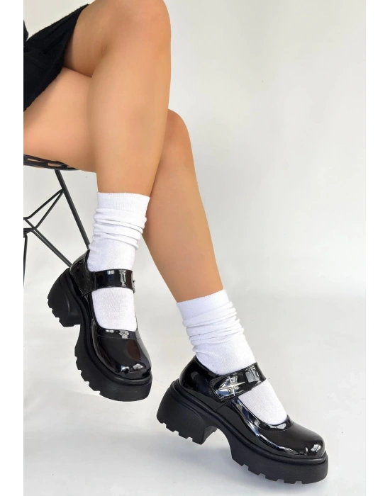 Siyat Siyah Rugan Dolgu Topuk Oxford Ayakkabı