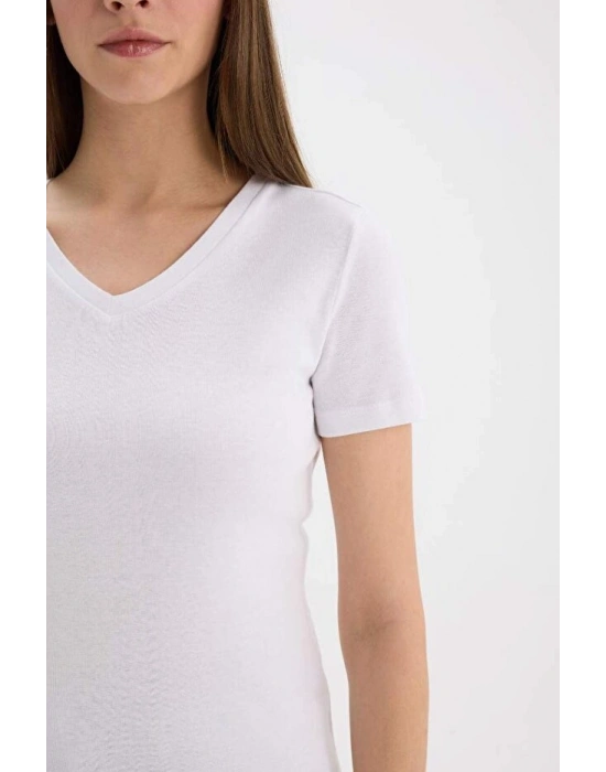Slim Fit Dar Kesim V Yaka Ribana Basic Düz Kısa Kollu Beyaz Tişört