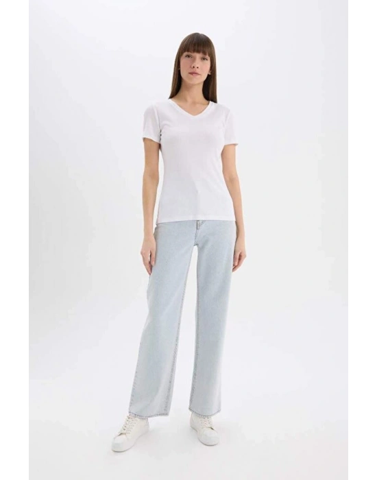 Slim Fit Dar Kesim V Yaka Ribana Basic Düz Kısa Kollu Beyaz Tişört