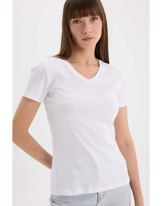 Slim Fit Dar Kesim V Yaka Ribana Basic Düz Kısa Kollu Beyaz Tişört