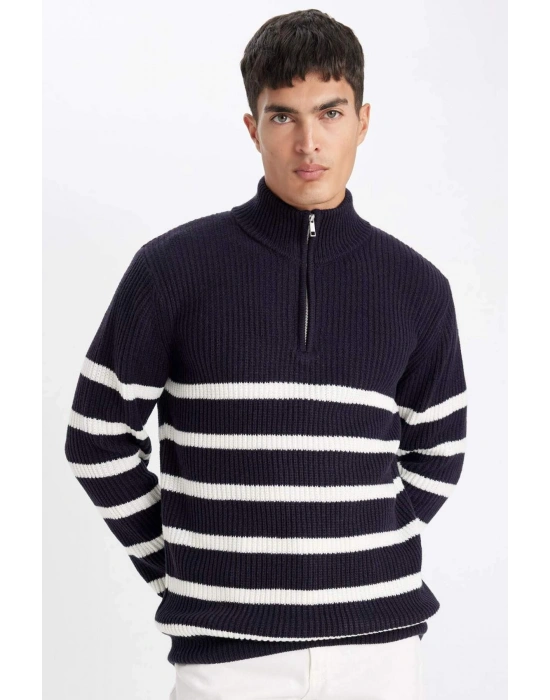 Standart Fit Dik Yaka Yarım Fermuarlı Çizgili Triko Kazak D3274AX24WN