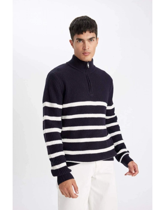 Standart Fit Dik Yaka Yarım Fermuarlı Çizgili Triko Kazak D3274AX24WN