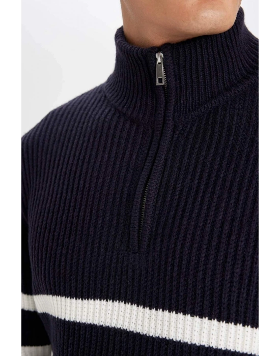 Standart Fit Dik Yaka Yarım Fermuarlı Çizgili Triko Kazak D3274AX24WN