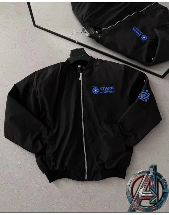 ERKEK Stark Industries Siyah Bomber Mont – Fermuarlı, Cepli, Uzun Kollu, Kapitone Astarlı, Bahar ve Kışlık Ceket - Siyah