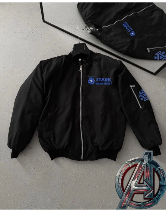 ERKEK Stark Industries Siyah Bomber Mont – Fermuarlı, Cepli, Uzun Kollu, Kapitone Astarlı, Bahar ve Kışlık Ceket - Siyah