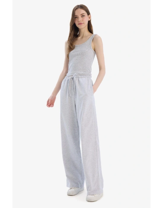 Straight Fit Beli Lastikli Eşofman Altı Uzun Boy Cepli Basic Düz Gri