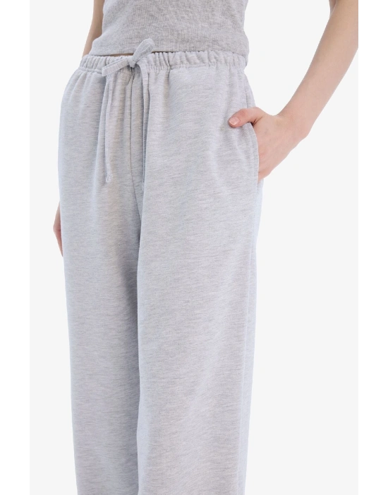 Straight Fit Beli Lastikli Eşofman Altı Uzun Boy Cepli Basic Düz Gri