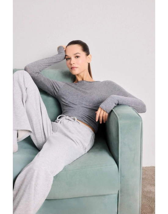 Straight Fit Beli Lastikli İnce Eşofman Altı Uzun Boy Bağcıklı Cepli Basic Düz Gri