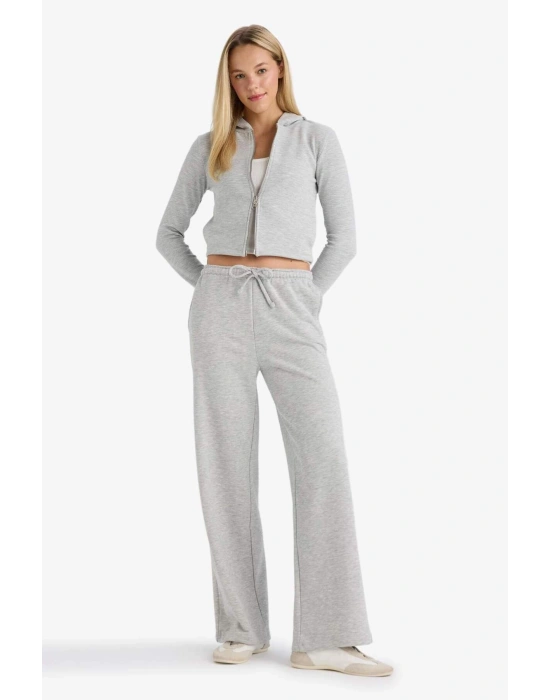 Straight Fit Beli Lastikli İnce Eşofman Altı Uzun Boy Bağcıklı Cepli Basic Düz Gri