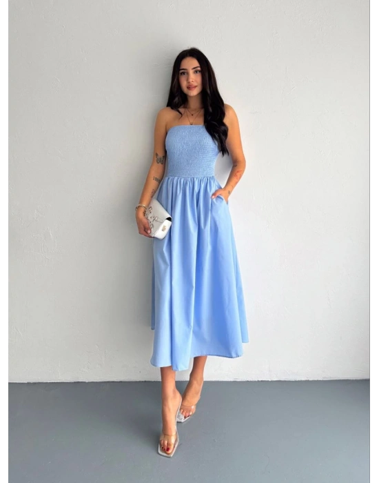 Straplez Pileli Elbise - Açık Mavi