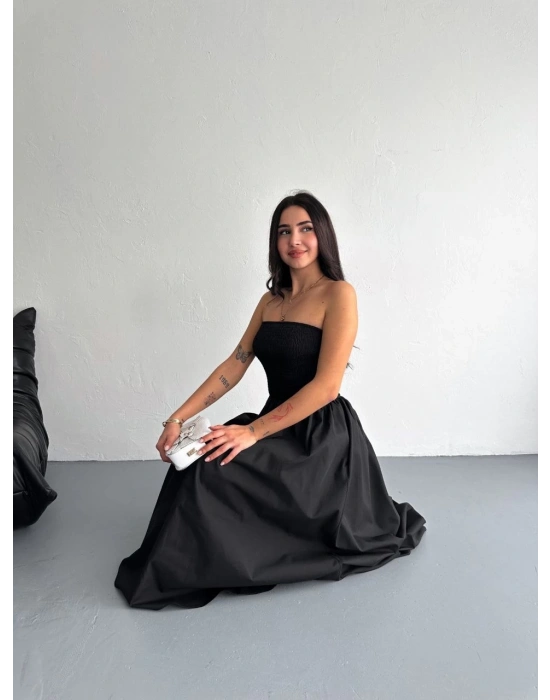 Straplez Pileli Elbise - Siyah