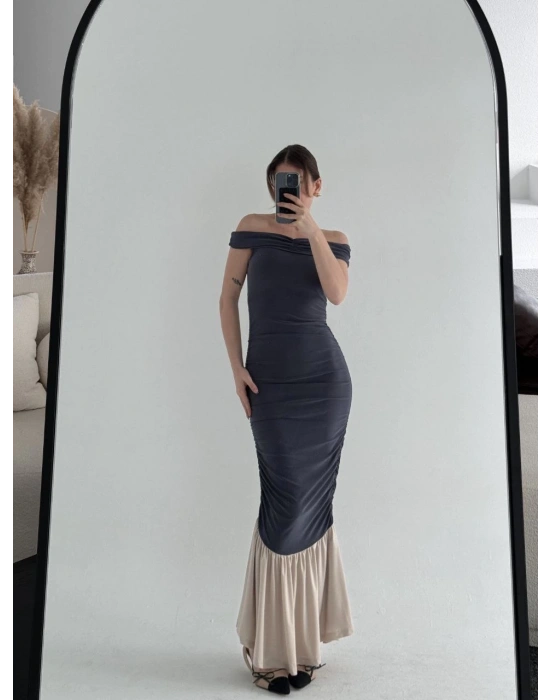 Striptiz Omuzlu Uzun Elbise- Füme