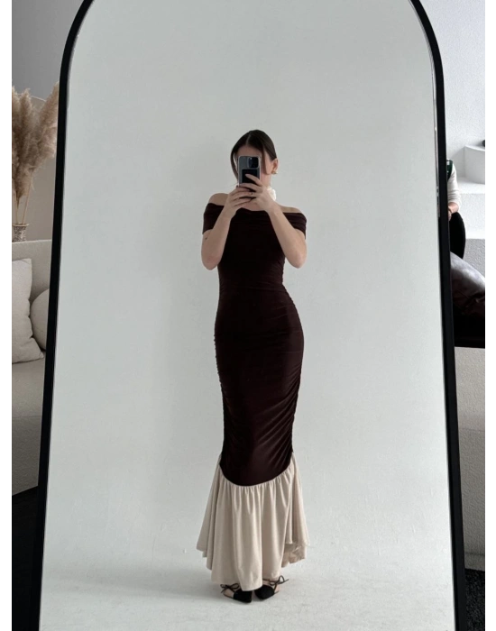 Striptiz Omuzlu Uzun Elbise- Kahve