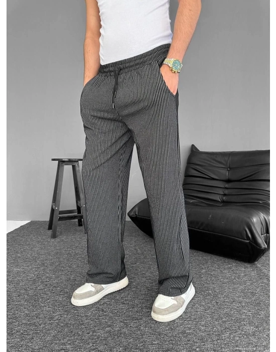 Su Yolu Çizgili Cepli Pantalon - Siyah