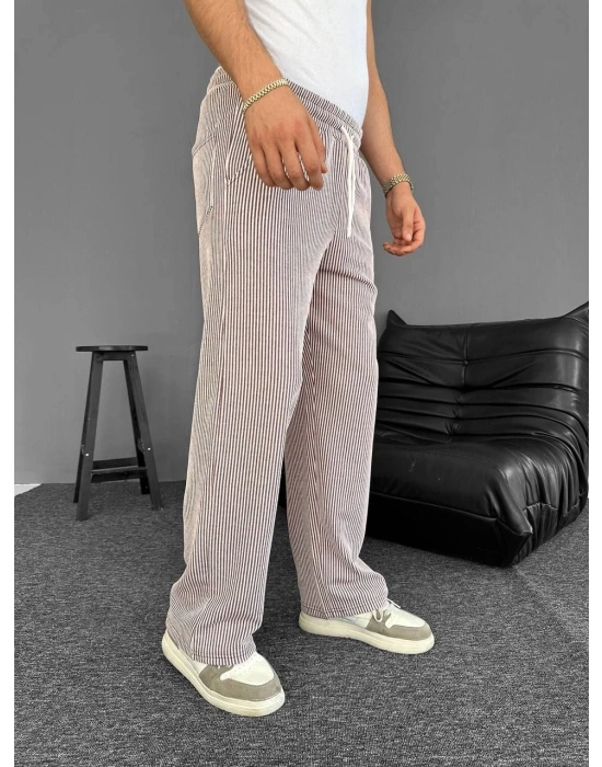 Su Yolu Çizgili Cepli Pantalon Yazlık - Kahverengi