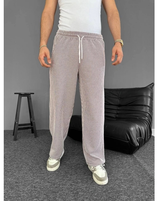 Su Yolu Çizgili Cepli Pantalon Yazlık - Kahverengi