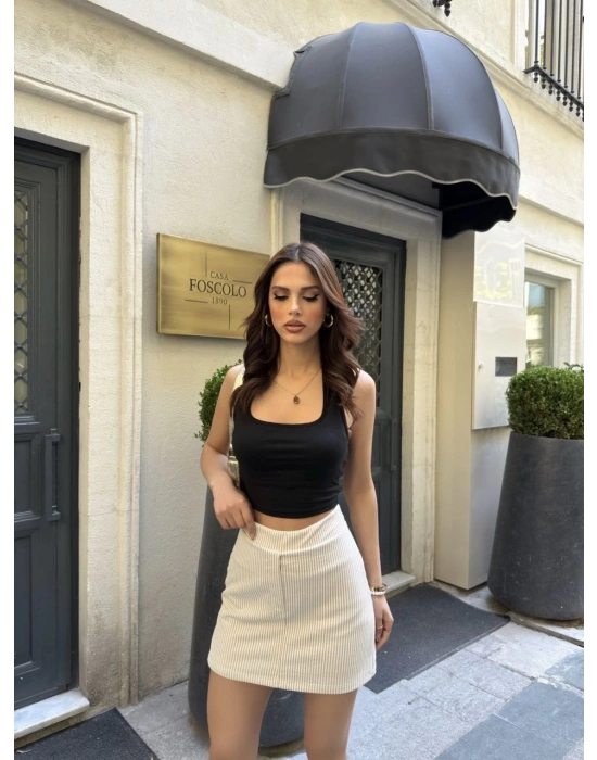 Su Yolu Çizgili kolay Kombinle Ne Bilir Mini Boy Etek - Bej