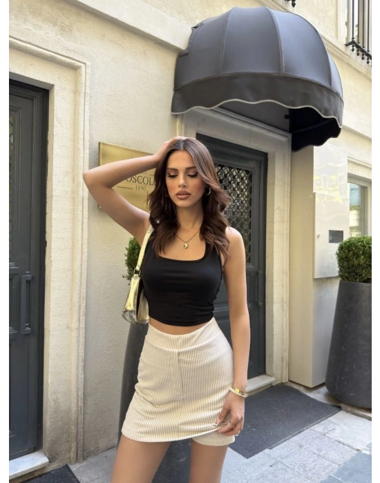 Su Yolu Çizgili kolay Kombinle Ne Bilir Mini Boy Etek - Bej