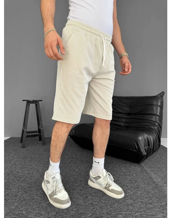 Su Yolu Çizgili Ön Arka Cepli Şort Yazlık Nefes Alabilir - Bej