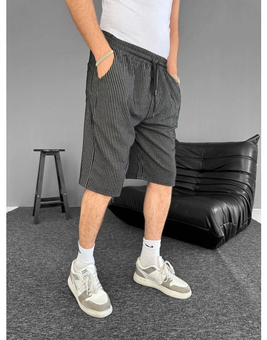 Su Yolu Çizgili Ön Arka Cepli Şort Yazlık Nefes Alabilir - Siyah